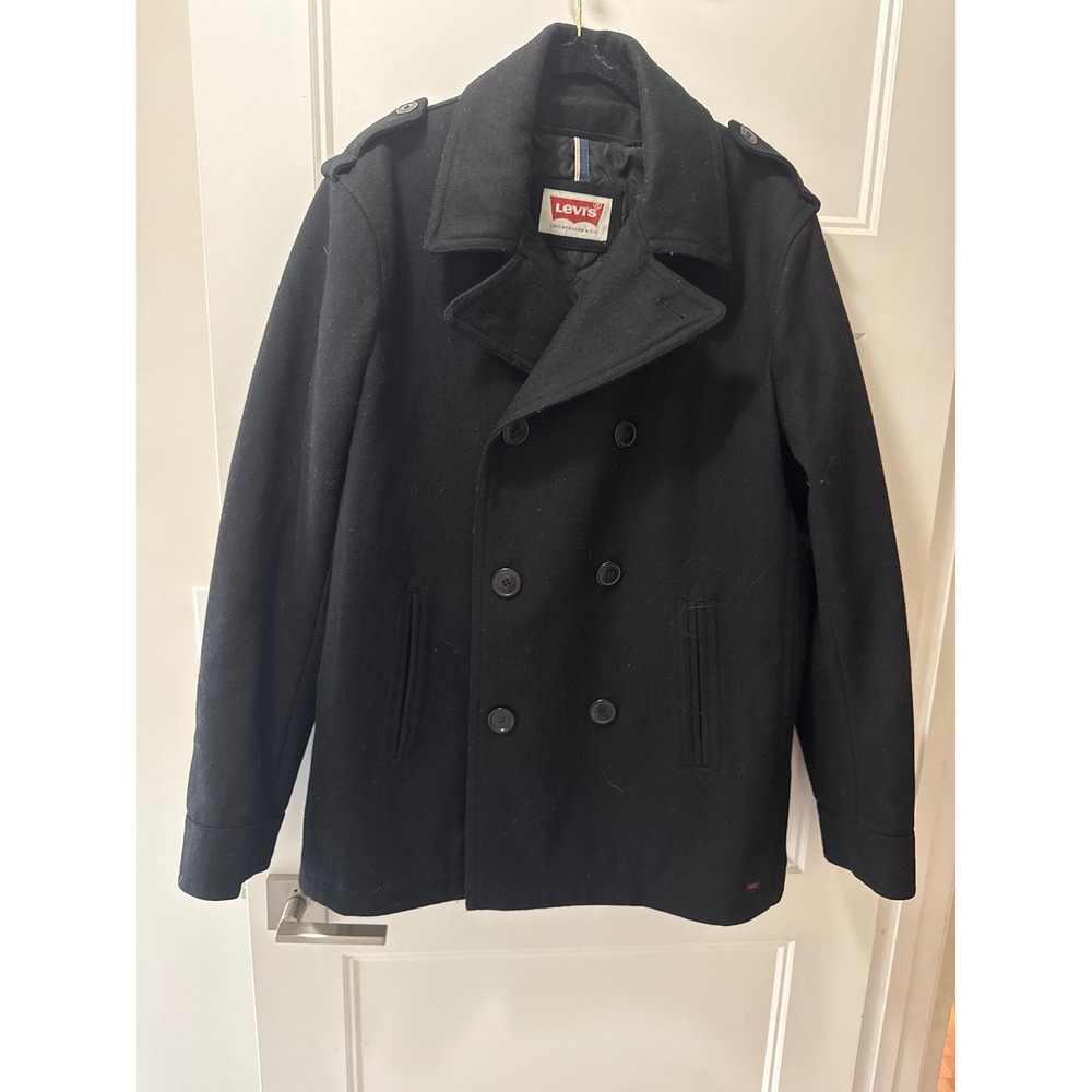 Levis Mens Black Quilted Wool Blend Double Breasted Pea Coat Jacket Size Medium